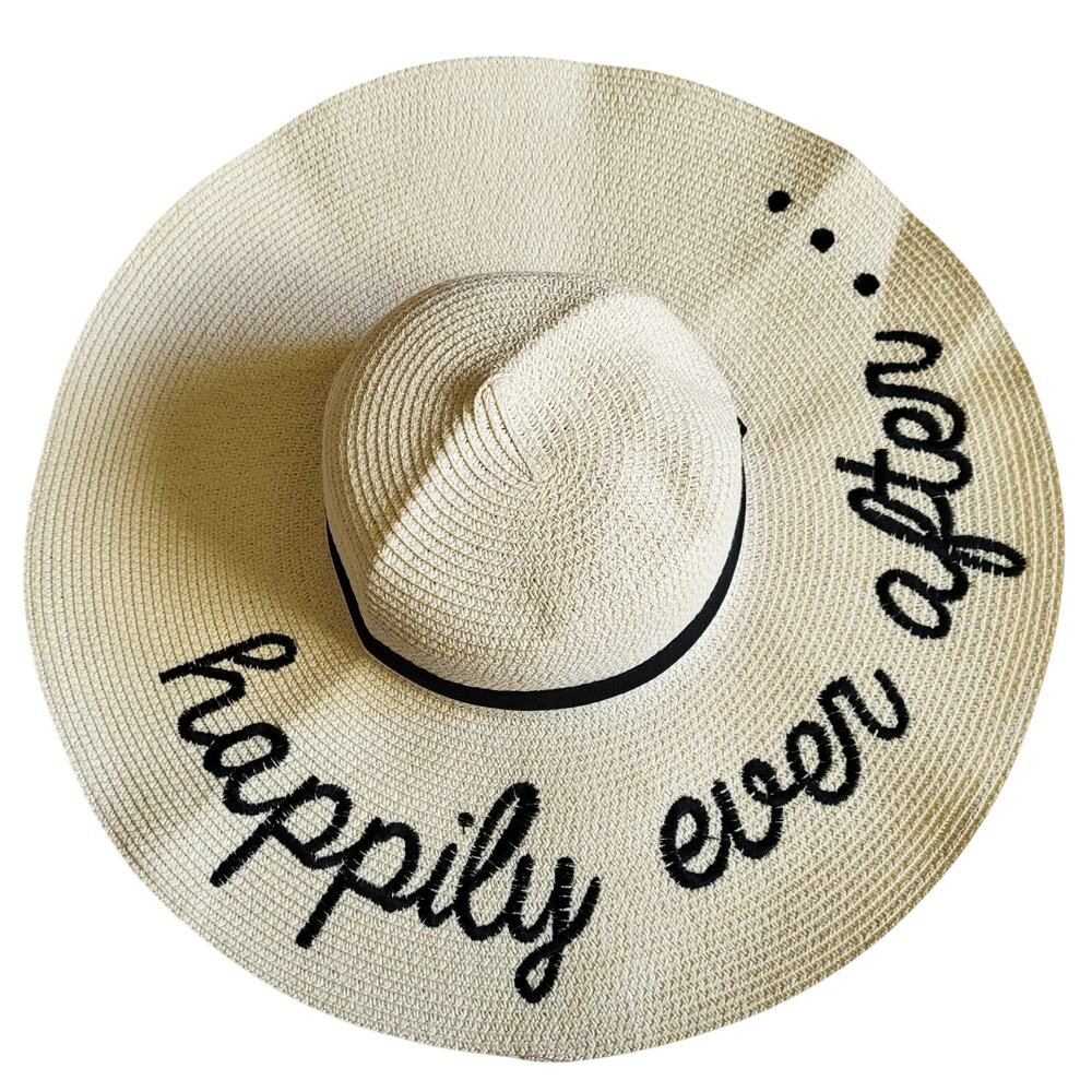 HAPPILY EVER AFTER... Cream & Black Wide Brim 100% Natural Straw Floppy Hat
